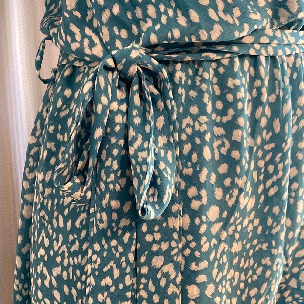 Romantic Flowy Dress Turquoise Blue and White Ruffled Brunch V-Neck Dress Small - Picture 7 of 10